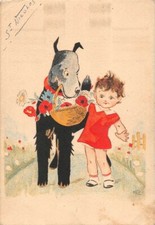 CPA Fantasy - Little Girl & Big Chien Carrying a Basket of Flowers
