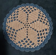 Vintage Crochet Cotton Placemat Ecru and Blue 14cm