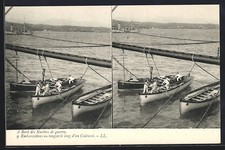 Old postcard stereoscopic aboard warships, boats in tangon along 