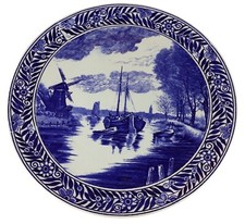 Boch Delfts 10.5 Plate Dutch Windmill Canal Scene Floral Border Ceramic Blue Art
