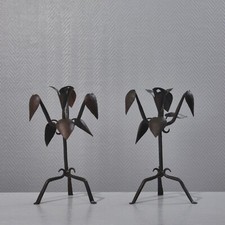 Pair of Vintage Brutalist Design Wrought Iron Candle Holders Mid 20th Century