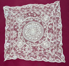 Antique lace and linen placemat embroidered headdress bottom 23cm x 23cm