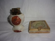 Antique Marble / Onyx / Brass Table and Ashtray Lighter Lot