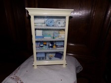 Miniature doll cabinet trimmed, accessories, vintage, 1970-80, display case