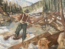 Grand Dessin Gouache Sur Papier Bûcheron Bois Forêt 1950 À Identifier Portrait