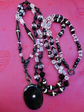 Antique JAY & CRYSTAL FACETED BEADS & MEDALLION French JET NECKLACE 