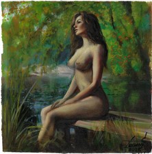 femme nue av. pieds dans l"étang 30 x 30 peinture huile impressionnisme NUDE AKT