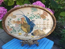 Ancien Tableau peinture sur Soie, Signé Henri Levy, Basse Cour Coq Poule 