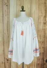 Ulla Popken Size 32/34 Embroidered Peasant White Gypsy Tassel Top Gauze Women’s