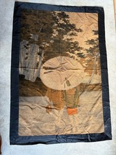 Tenture japonaise ancienne velours Birodo signée – Femmes & ombrelle – Meiji