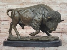 Américain Bison Décor Bronze Marbre Statue Sculpture Œuvre Western Art Solde Nr