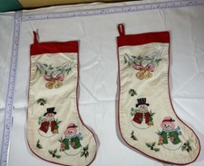 2 Vintage Embroidery Broderie Christmas Stocking Snowmen Bells Holly