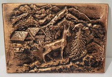 PLAQUE TABLEAU EN CUIVRE FORET NOIRE MOUFLON CHEVREUIL CHALET VINTAGE RETRO 