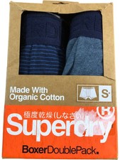 SUPERDRY Boxer Double Pack Men's Organic Cotton Blue Striped Briefs Size Small