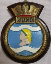 HMS Juno - Ship Crest Plaque Badge – Hand-Painted, Solid Mahogany Mount, 463g