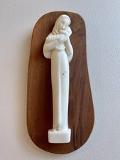 Virgin and Child Alabaster on Wood Wall Statue - 29cm - Vintage Religious