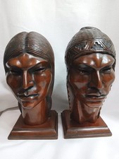 A Silva Carved Wood Sculptures Art Deco Peruvian Indian Male & Female Busts