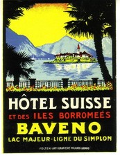 HOTEL LUGGAGE LABEL,HOTEL SUISSE BAVENO,LAC MAJEUR,SIGNED MOLTENI DESIGN 1930/40