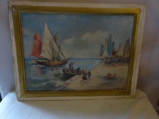 Tableau peinture à l'huile sur carton MARINE bateaux sur mer, signé L. MUCEL