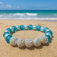 Aqua Pearl Frosted Glass Silver Shamballa Stretch Elastic Beaded Bracelet Woman