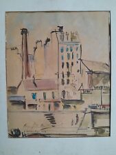 Antique painting Champeaux signed city building Paris dock boats