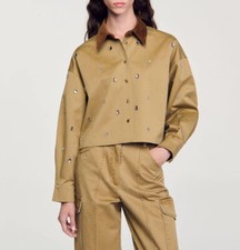 Women Sandro Collared Rhinestone Long Sleeve Coat Top