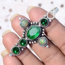 Chrome Diopside, Opale de Feu Pierre Précieuse 925 Sterling Silver Cross...