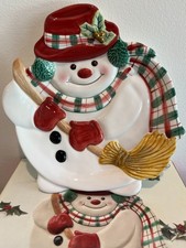 Fitz and Floyd Plaid Christmas Snowman Canape Plate