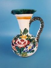 Pichet vase ancien italien en céramique déco fleurs avec anse tressée Italie