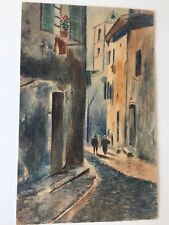 AQUARELLE ANCIENNE RUELLE RUE VILLAGE PERSONNAGES PAVÉS VINTAGE