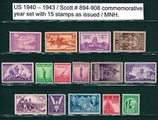 U.S. 1940, 1941, 1942, & 1943 Commemorative Year Set  # 894 - 908 15 MNH 