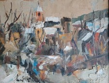 Belle Peinture, Au Couteau Sur Toile   Village Sous La Neige Signé