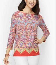 Talbots Womens Cotton Bateau Neck Tee Large Medallion Paisley Boho Stretch Chic