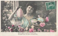 CP WOMAN ELEGANT PRESENTS EGGS DECORATIONS RIBBON PINK FLOWERS - 44261