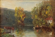 Paul Huet (1803-1869) : Huile sur toile - Sous-bois avec un étang