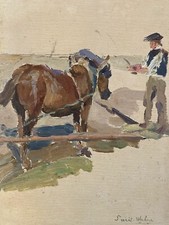 Très Belle Peinture 1920 Post Impressionnisme Papier Cheval Au Champs Paysan Art