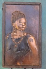 African Carved Copper Portrait Panel Woman Character Wall Art Signed