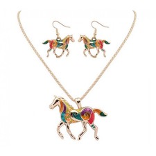  Collier pendentif cheval coloré chaîne de cou avec boucles d'oreilles pendantes