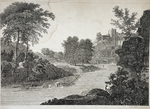 Paysage ruines cascade gravure - ruines,