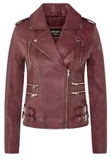 Ladies Leather Biker Jacket Burgundy Real Lamb Nappa Moto Gothic Buckle Jacket