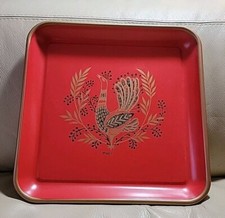 VTG Maxey Peacock Design 13" Square Red Tole Metal Tray 