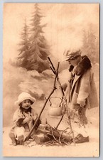 Vintage Postcard Children At Campfire Unposted Advertising Chocolat L'Aiglon