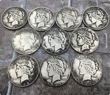 Peace Silver Dollars 1921-1935 Lot of 10 Uncirculated 90% Silver Coin Mixed Year