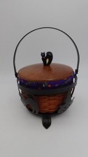 Longaberger Cauldron Basket in Heavy Metal Stand w Lid + Black Cat Halloween