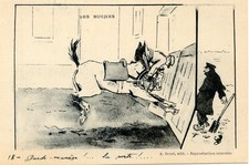 Old postcard / fantasy humor illustrator / the logs No. 18 guard riding