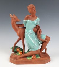 Vintage Ugo Zaccagnini Italy Art Deco Diana and Deer Terracotta Pottery Figurine