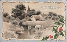 CP ILLUSTRATED WISHES FRAME HOLLY RELIEF COWS IN RIVER VILLAGE - 36399