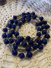 Collier ancien perles verre Pékin bleu profond et argent - 64 cm