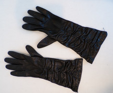 Neiman Marcus Long Leather Silk Gloves Ruching Black Women's Size 7.5