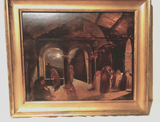 Peinture Antique Grande Croquis à Huile Sur Table Brise Monastère XIX Siècle